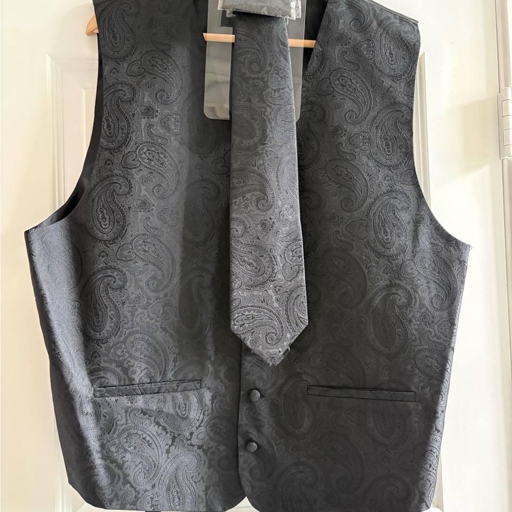 Steven Land Elegant Black Paisley Tuxedo Vest and Tie Set